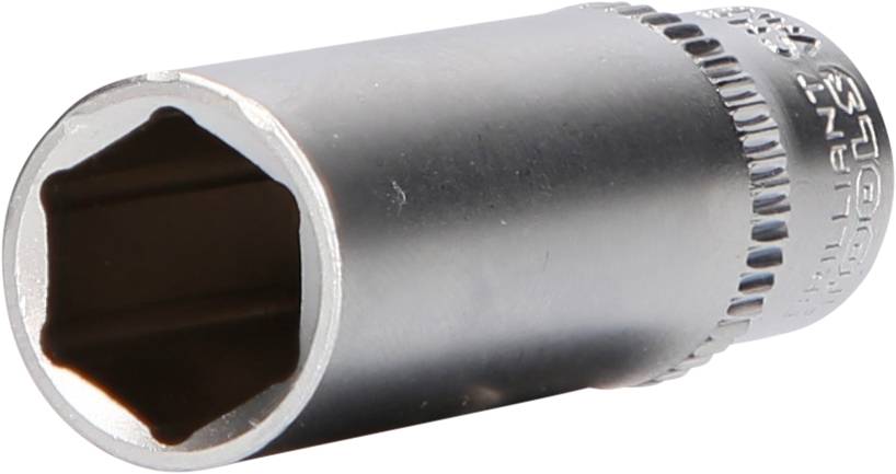 Zeskante dopmoer van metaal, gebruikt voor het bevestigen van bouten en moeren, met een gegolfd uiteinde voor een betere grip.