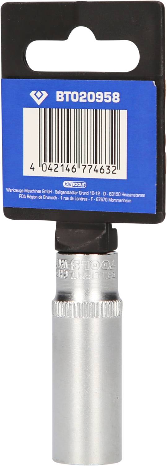 Metalen steeksleutel met blauwe verpakking, barcode bovenaan zichtbaar. Productnummer 'BT020958' afgedrukt.