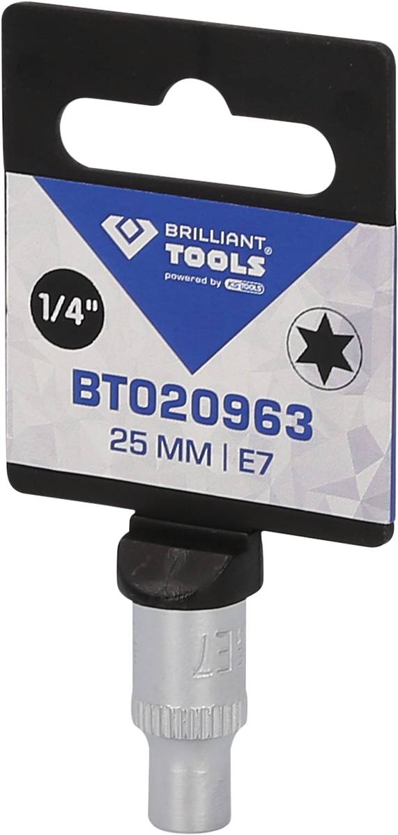 'Sternbit-inzet BT020963, 25 mm, E7, 1/4 inch van Brilliant Tools' op verpakkingsetiket. Zilveren inzet met zwarte houder.