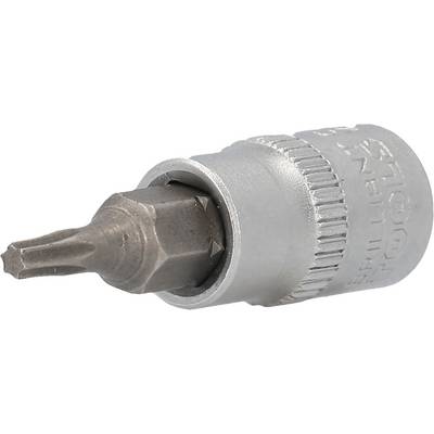 Een zilveren Torx-bit met een korte schacht en een zeskantaansluiting, geschikt voor schroevendraaiers of boormachines.
