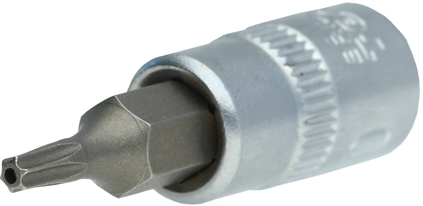 Een zilveren bit, specifiek een Torx-bit, die wordt gebruikt voor schroefwerkzaamheden. Hij heeft een cilindrische greep met scherpe randen.