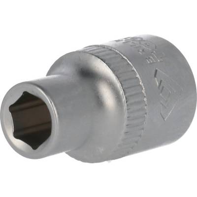 Metalen dopsleutelopzetstuk met zeskante opening en geribbelde rand. Wordt gebruikt in combinatie met moersleutels.