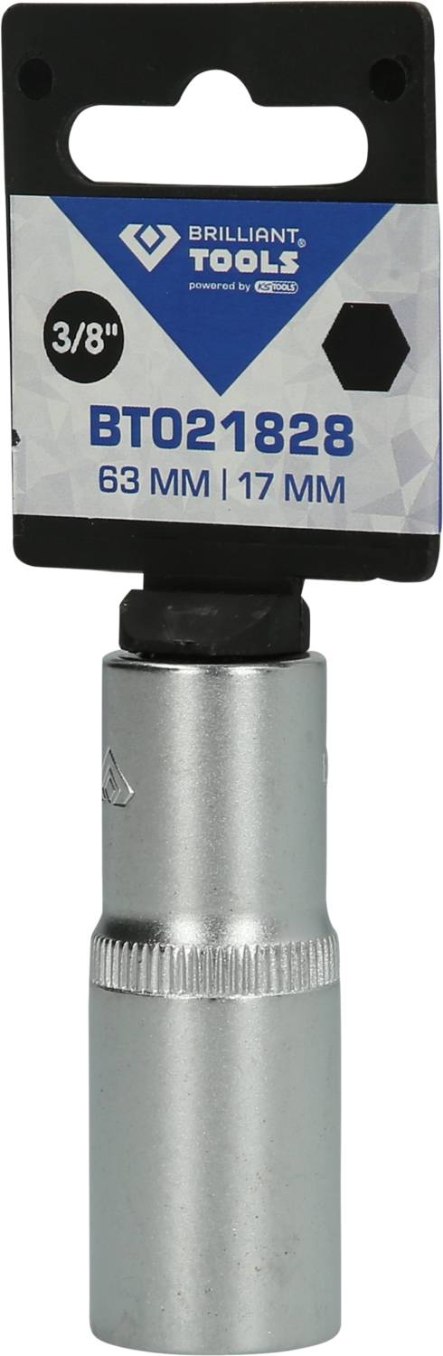 'Dopsleutel, 3/8 inch, 63 mm lang, 17 mm diameter, merk Brilliant Tools, artikelnummer BT021828.'