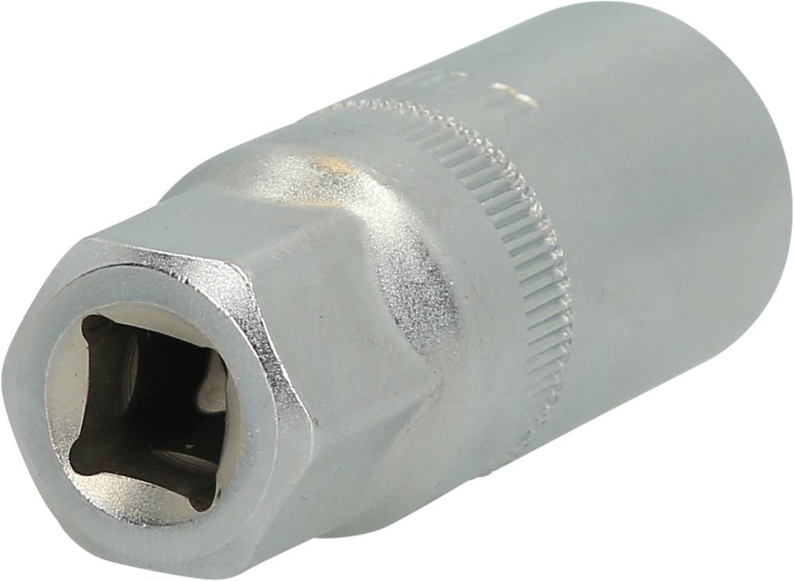 Zilveren zeskantdop, cilindrische vorm, met gegroefde greep voor betere grip, gebruikt voor schroefwerkzaamheden in de mechaniek.