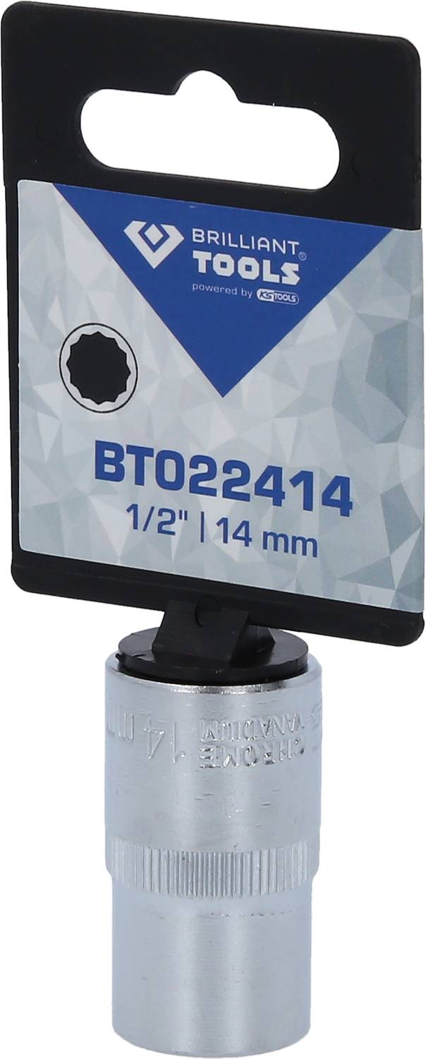 Steekdop BT022414, maat 1/2 inch | 14 mm. Van Brilliant Tools. Verpakking bovenaan, zilveren steekdopopzetstuk onderaan.