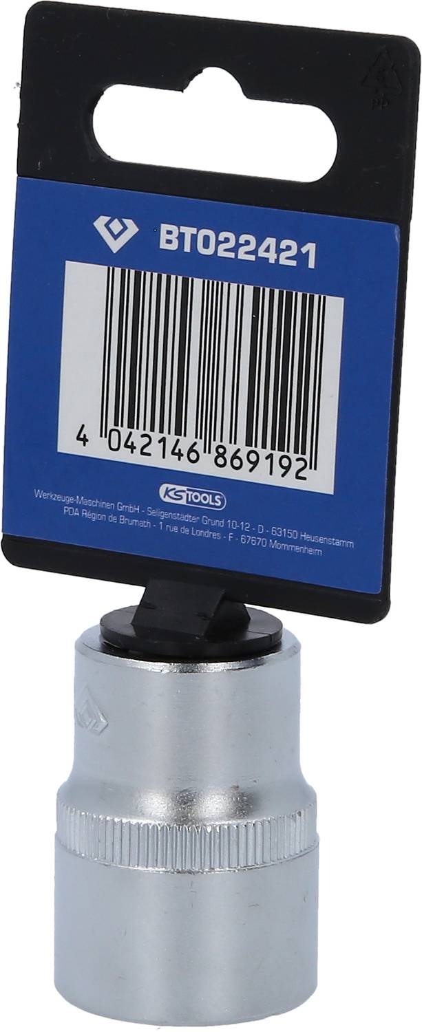 Metalen verbindingsonderdeel met etiket 'BTO22421', streepjescode: 404216869192. Verpakt in een blauwe kaart met zwarte haak.