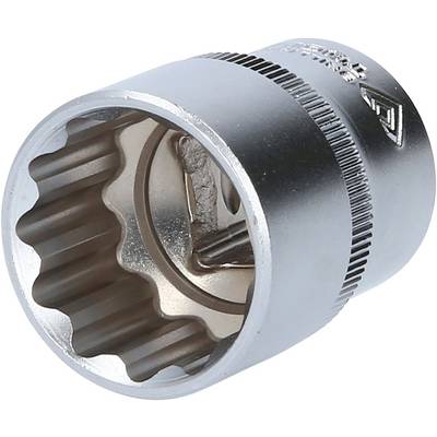 Metalen dopsleutel met twaalf kanten, voor het losdraaien of aandraaien van schroeven, aan de zijkant voorzien van een geribde oppervlakte voor een betere grip.
