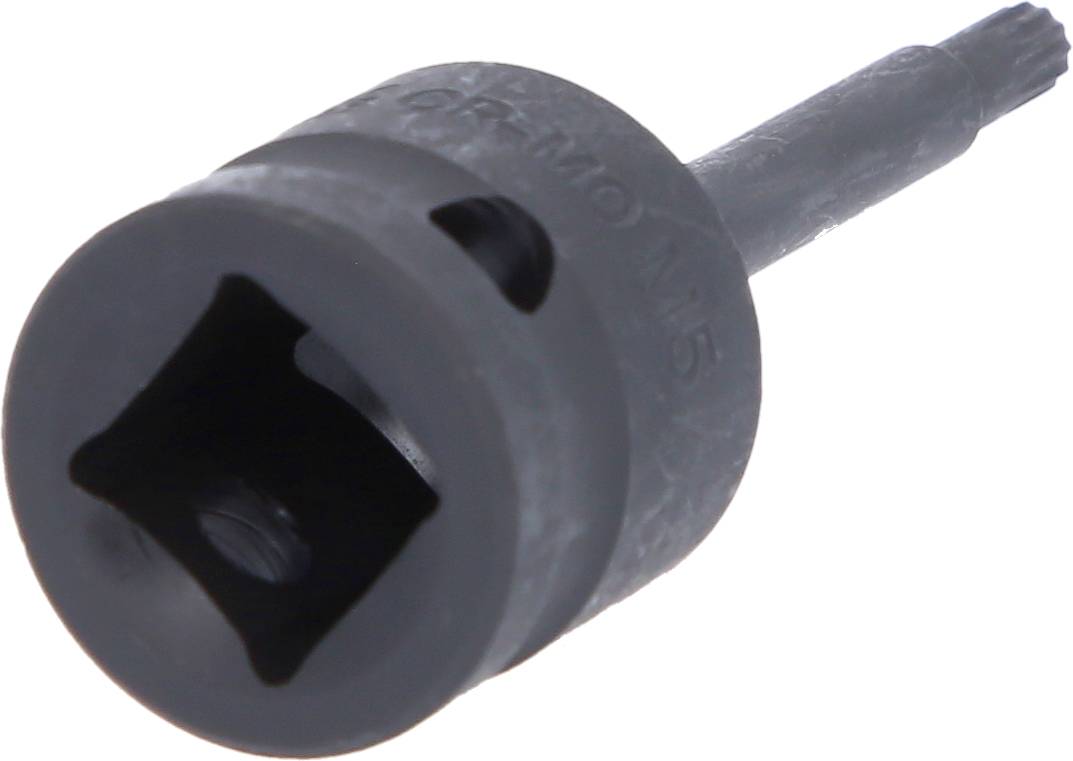 Een zwarte dopsleutelopzetstuk met vierkante opening en geribbeld uiteinde, geschikt voor mechanische werkzaamheden en reparaties.