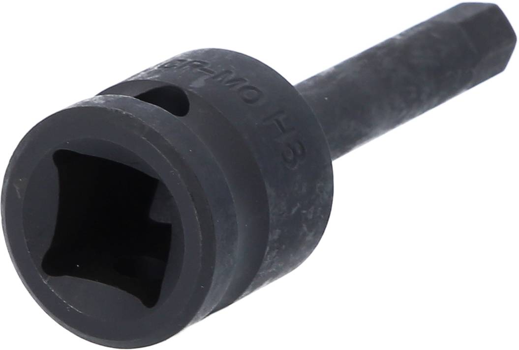 Een zwarte, industriële dopsleutelopzetstuk met zeskante schacht en vierkante opening, geschikt voor ambachtelijke werkzaamheden.