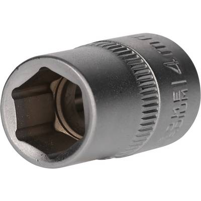 Een zeskante dopsleutel van metaal, te gebruiken met een steeksleutel, met een maat van 14 mm.