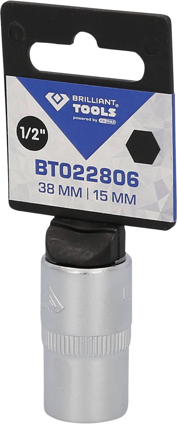 Dopsleutel met 1/2 inch aandrijving. Modelnummer BT022806. Afmetingen: 38 mm en 15 mm. Verpakking met logo 'Brilliant Tools'.
