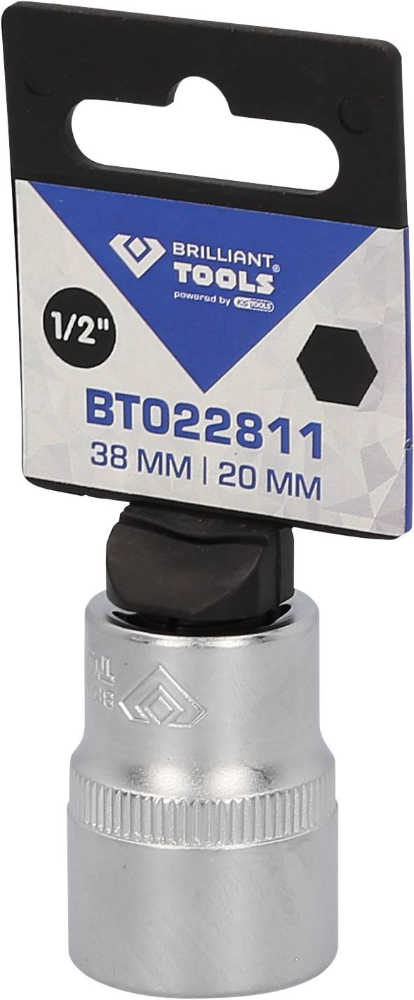 'Zilveren 1/2"-dopsleutel van Brilliant Tools met een grootte van 38 mm en 20 mm.'