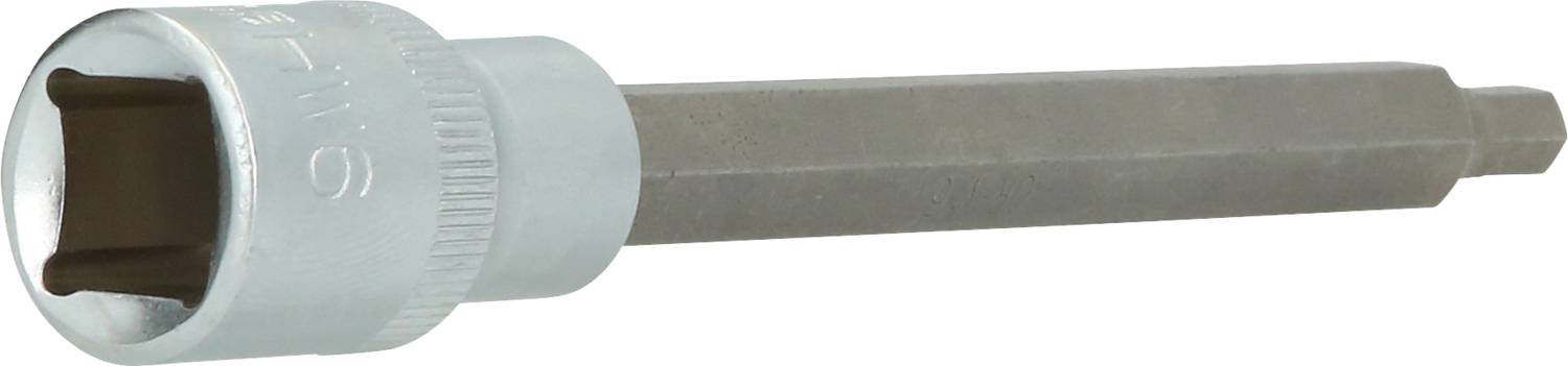 Zeskant bitopzetstuk van metaal, zilverkleurig, met lange steel.
