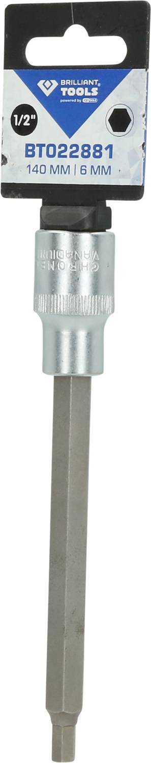 Zeskant-bitopzetstuk, 1/2 inch, 140 mm lengte, 16 mm diameter; verpakking met productdetails bovenaan.