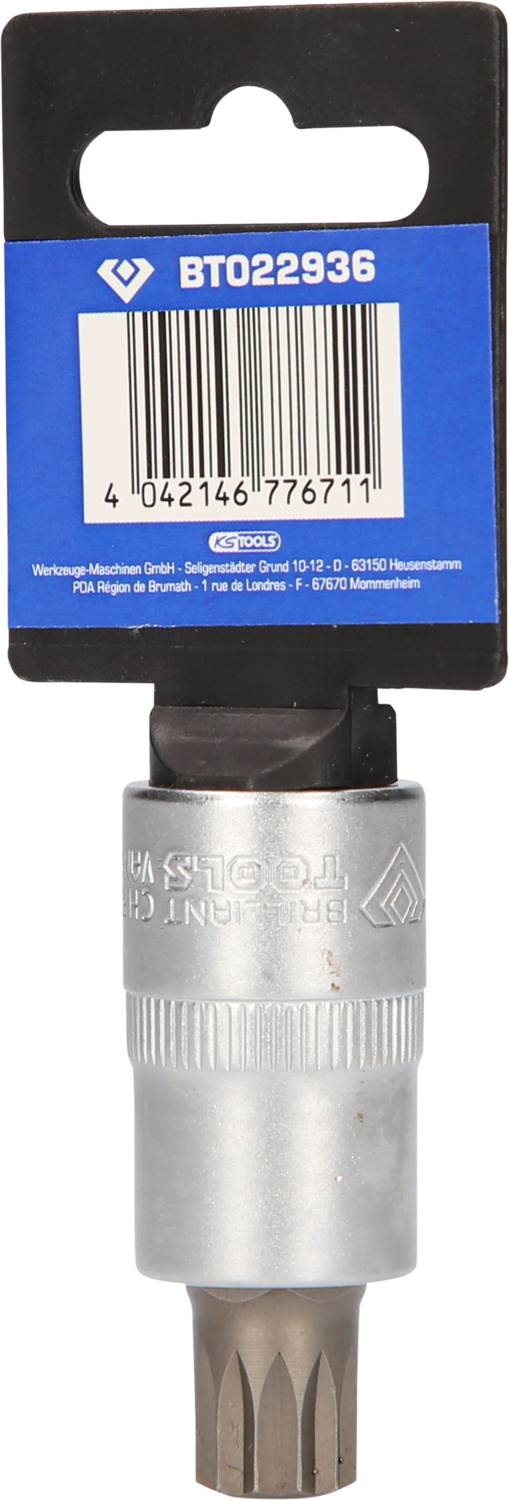 'Bit-adapter met bevestigingsetiket en barcode, productcode: BTO22936, in metallic zilverkleur, geschikt voor precisiewerkzaamheden.'