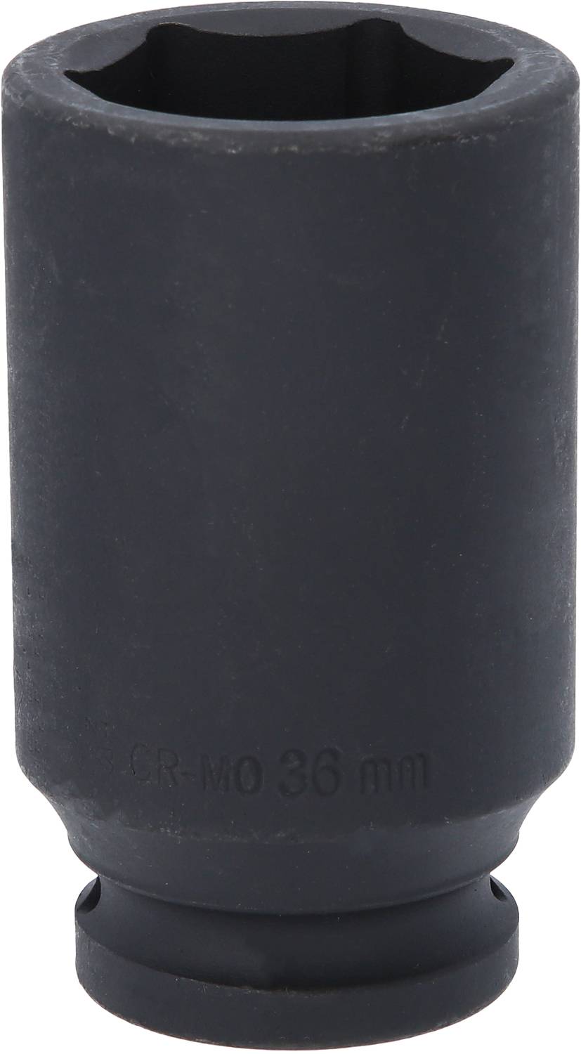 Een zwarte metalen dopsleutel met de opdruk 'CR-MO 36 mm'. Geschikt voor gebruik bij mechanische werkzaamheden.
