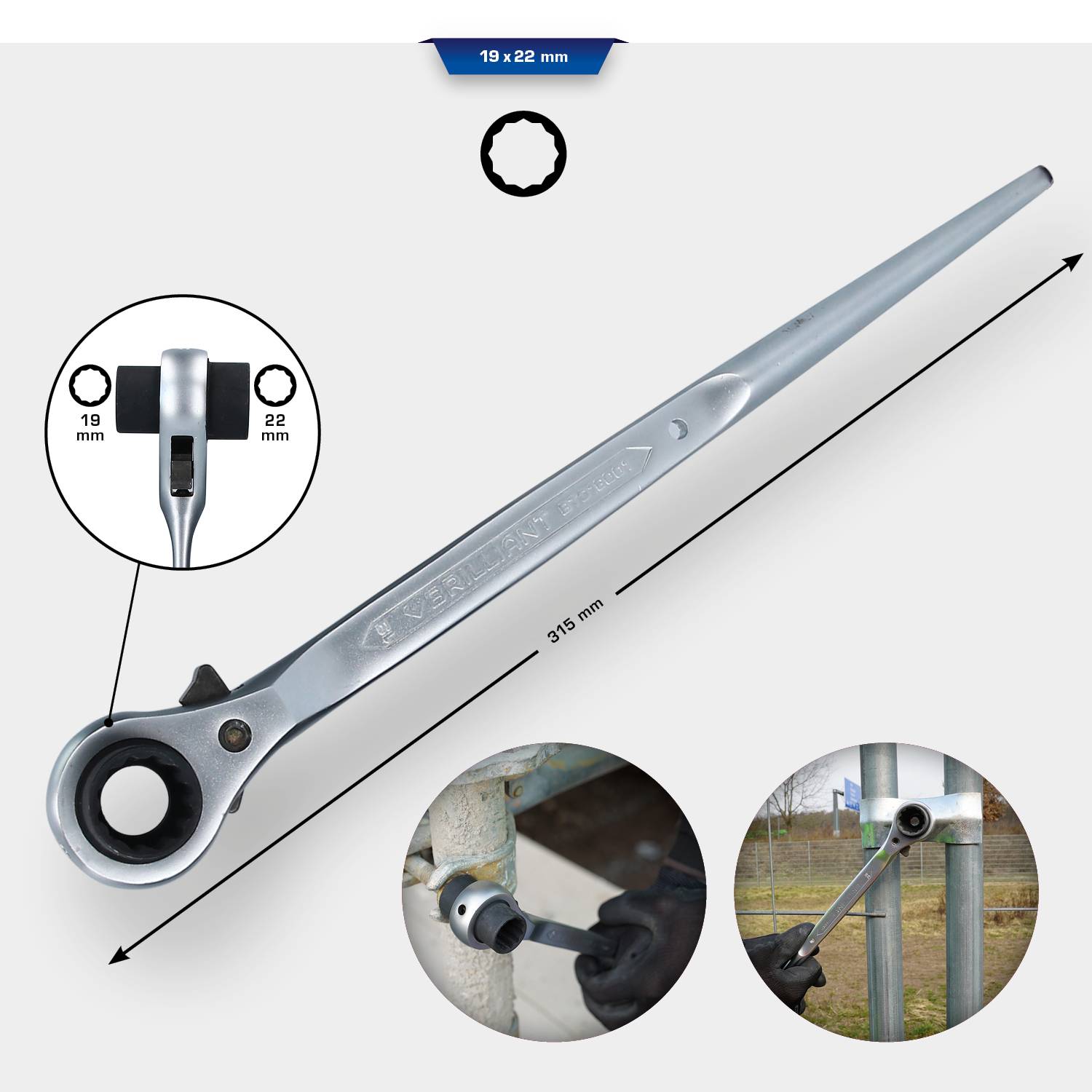 Een 375 mm lange ratelringsleutel met twee eindmaten: 19 mm en 22 mm. Onderaan zijn afbeeldingen van de toepassing aan een metalen paal.