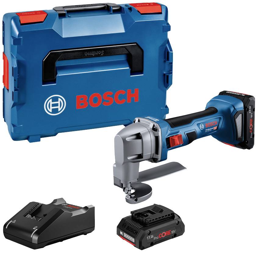 Blauwe Bosch-haakse slijper met oplader en accu afgebeeld naast een bijpassende koffer, geschikt voor doe-het-zelfwerkzaamheden.