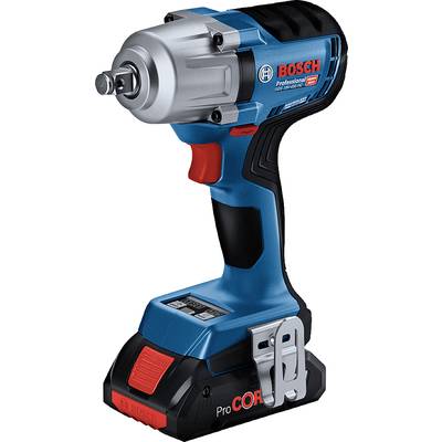 Een blauw-rode Bosch accuslagschroevendraaier met ProCORE18V-technologie, geschikt voor professionele toepassingen, tegen een witte achtergrond.