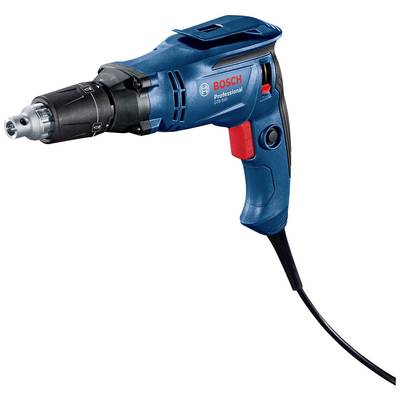 Een blauwe elektrische boormachine met rode trekker en zwarte boorhouder, kabel onderaan. Markering 'BOSCH Professional GSR 6-25 TE'.