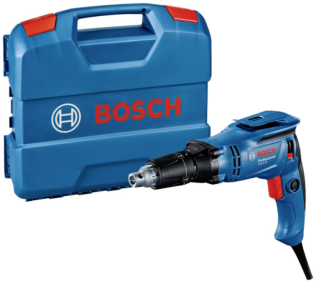 Bosch blauwe elektrische klopboormachine met zwarte handgreep naast een blauwe draagkoffer met het rode 'BOSCH'-logo.