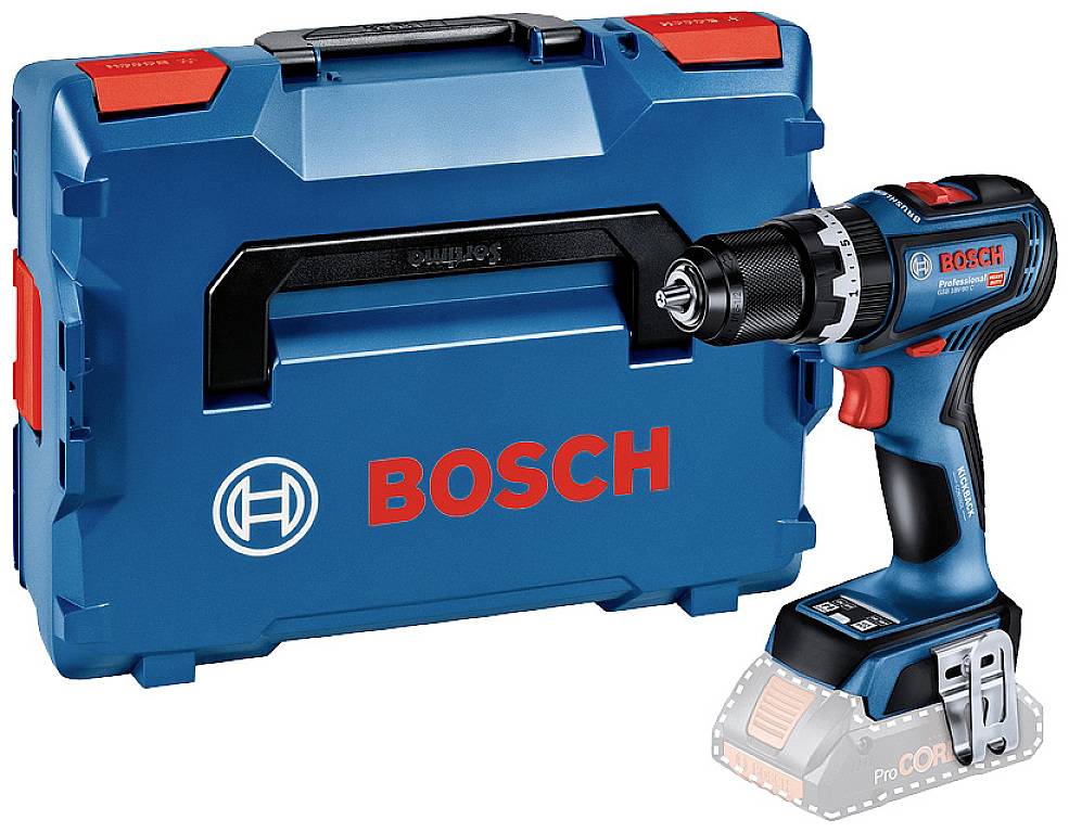 Accuschroefmachine met koffer, merk Bosch, in blauw met rode accenten. Gebruikt voor boor- en schroefwerkzaamheden.