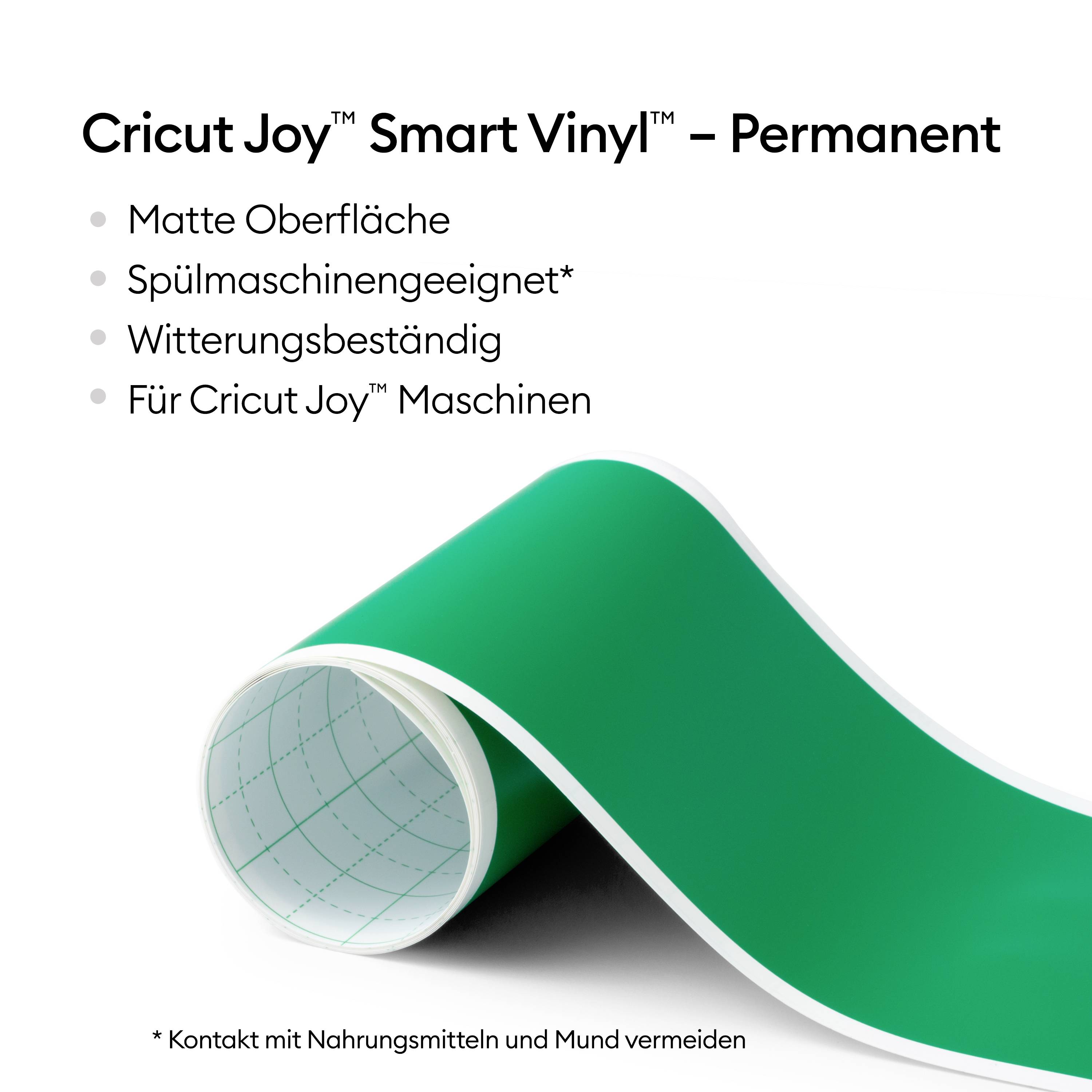 Groene rol Cricut Joy™ Smart Vinyl – Permanent met matte afwerking en weerbestendig. Voor Cricut Joy™ machines. Let op: vermijd contact met voedsel.