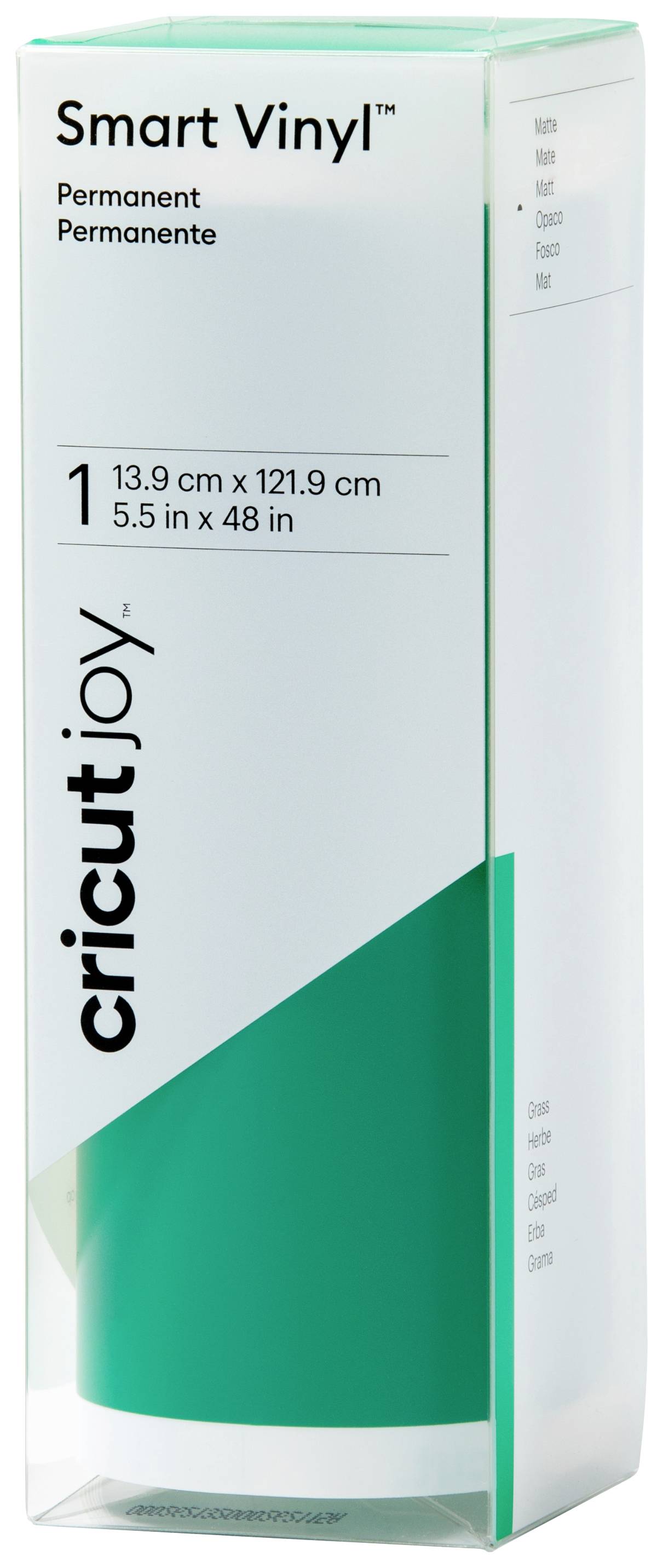 Verpakking van een groene Smart Vinyl rol van Cricut Joy, afmetingen: 13,9 cm x 121,9 cm. Opschrift 'Permanent'.
