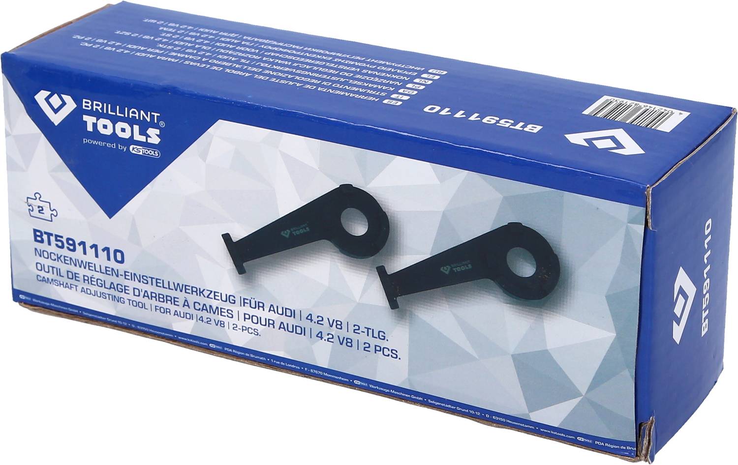 Verpakking van de nokkenas-afstelhulpgereedschap voor Audi met Audi-logo en productcode BT591110 van Brilliant Tools.