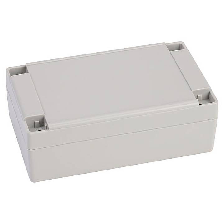 Rechthoekige, grijze kunststof behuizing met verwijderbaar deksel, geschikt voor elektronische componenten of bekabelbescherming.