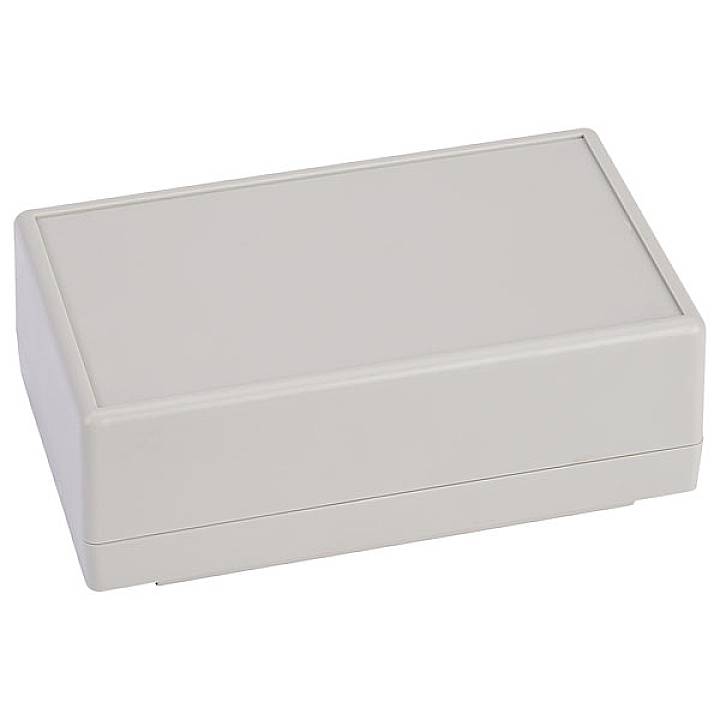 Grijs rechthoekig kunststof behuizing met gladde randen, geschikt voor elektronische componenten.