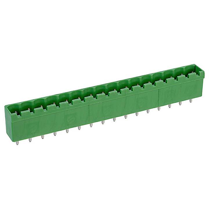 Een lange, rechthoekige, groene stekker met meerdere aansluitpennen, bestemd voor gebruik in elektronische schakelingen.
