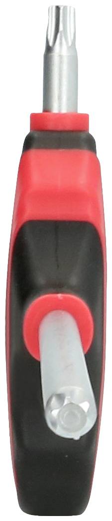 Een rood-zwarte handige schroevendraaier met een metalen Torx-bit die verticaal uit de greep steekt.