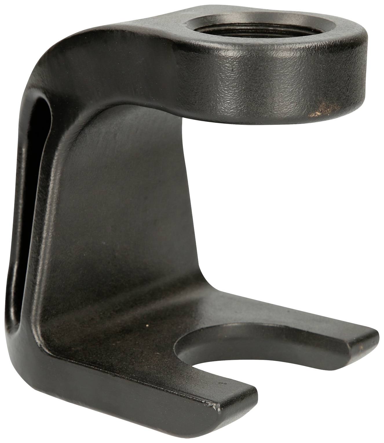 Een zwarte, L-vormige metalen haak met een rond, schroefdraadachtig gat bovenaan en een open ruimte onderaan.