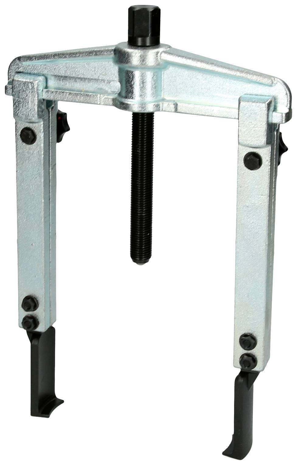Een zilveren trekker met een robuuste metalen frame en twee grijparmen met klemmen, die worden gebruikt voor het verwijderen van lagers of tandwielen.