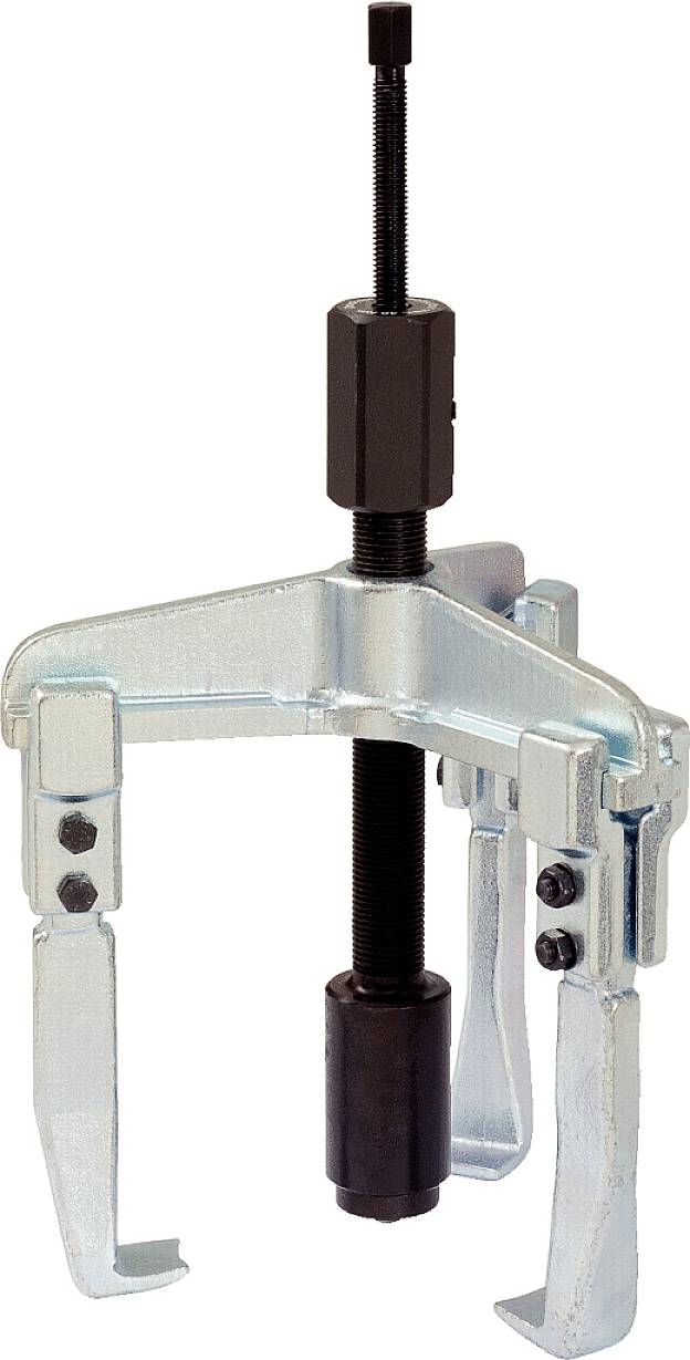 Trekker-gereedschap met drie handgrepen, zwarte schroef in het midden. Gebruikt voor het verwijderen van lagers of wielen in de machinebouw.