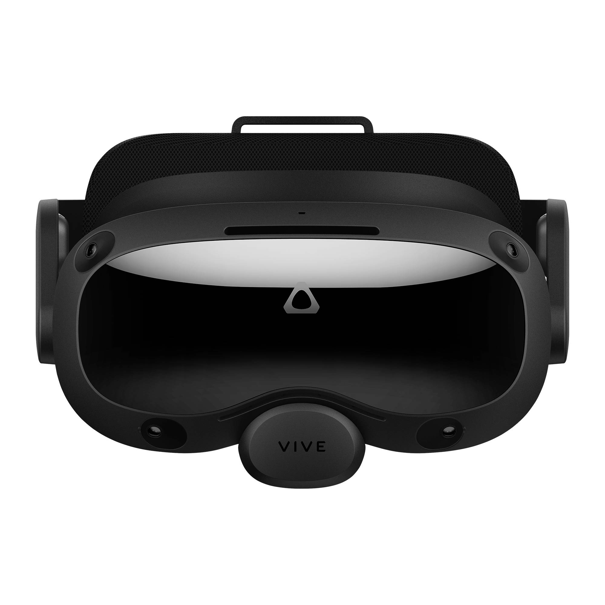 VR-headset van voren, zwart, met een glad oppervlakteontwerp en de tekst 'VIVE'. Het heeft een beugel bovenaan voor bevestiging.