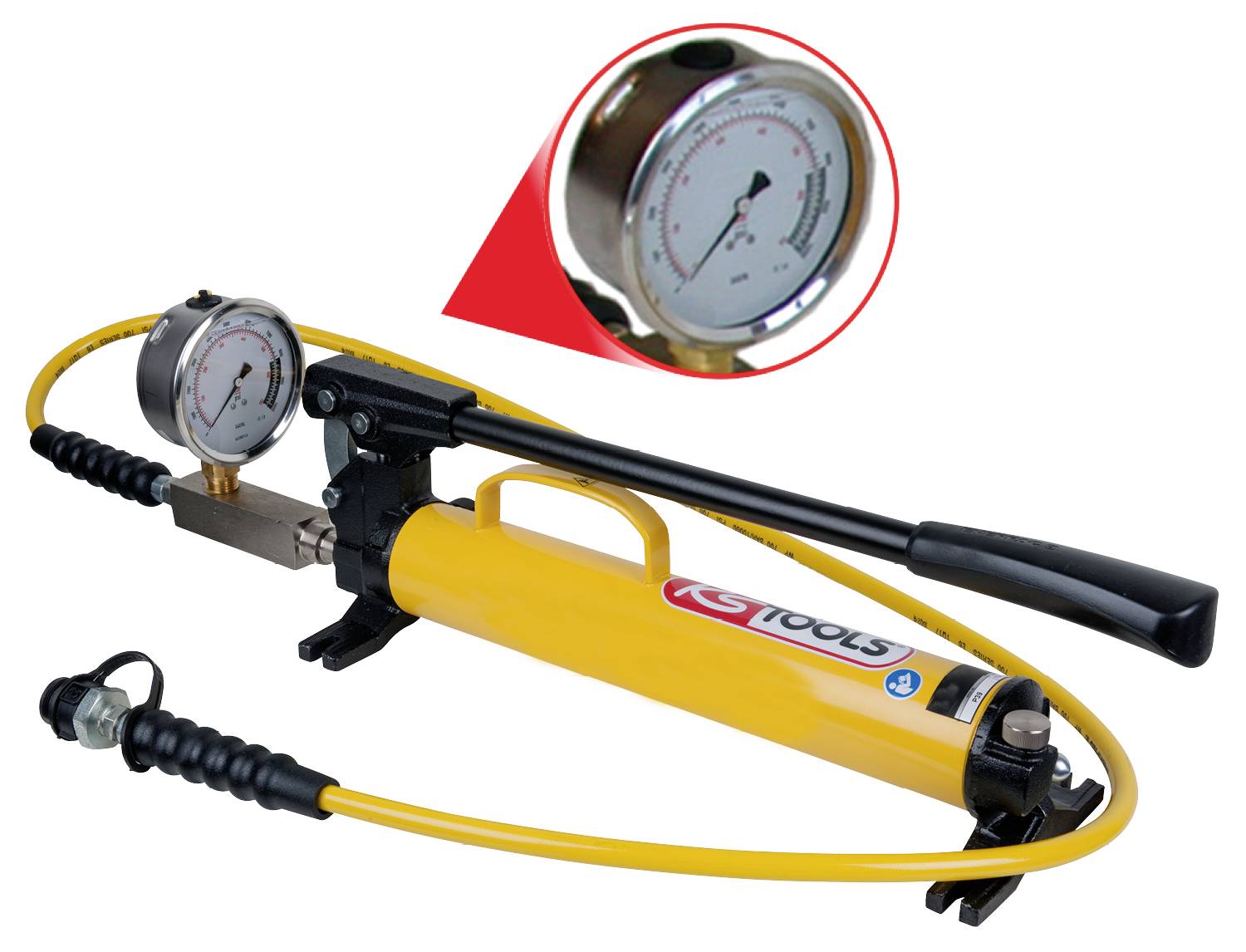'Yellow-black hydraulic hand pump with pressure gauge. Close-up shows pressure reading in detail.'