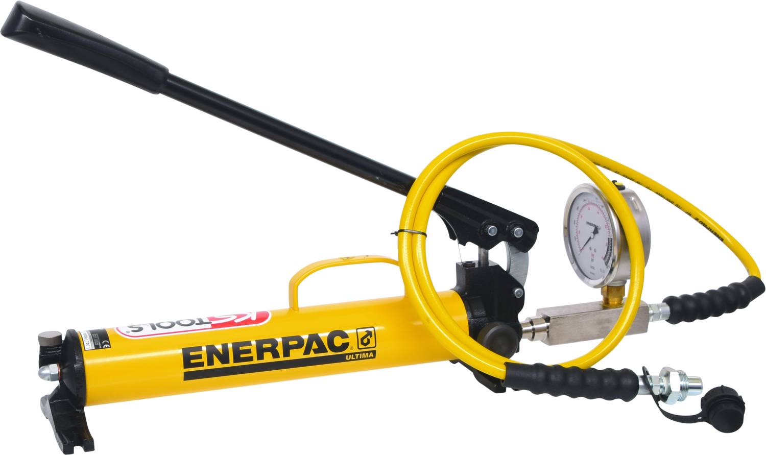 Hydraulische handpomp met geel behuizing, zwarte handgreep, manometer en gele slang, geschikt voor toepassingen met hoge druk.