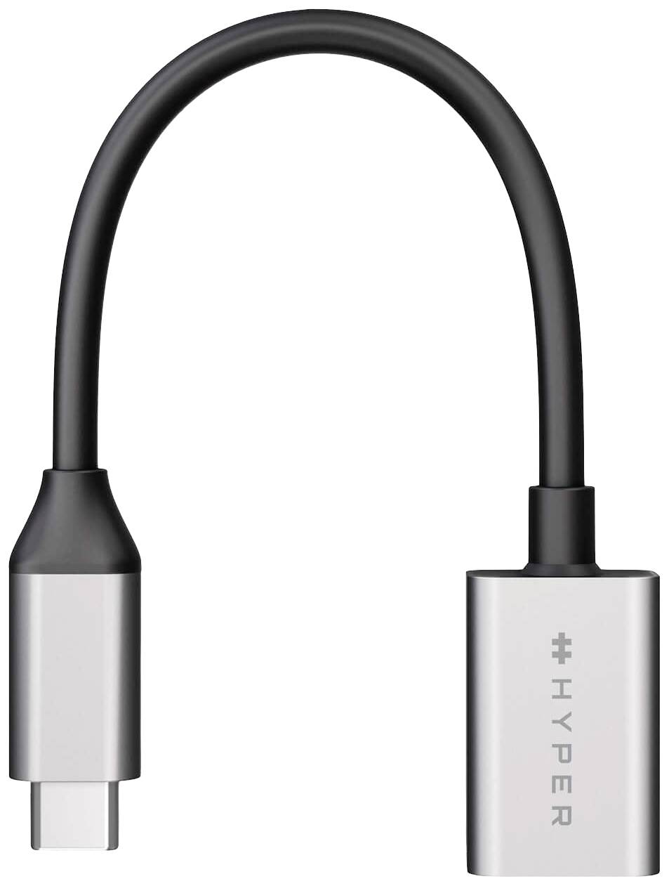 USB-C-naar-HDMI-adapter met zwart kabel en zilveren aansluitingen. Het merk 'Hyper' is zichtbaar op de HDMI-stekker.