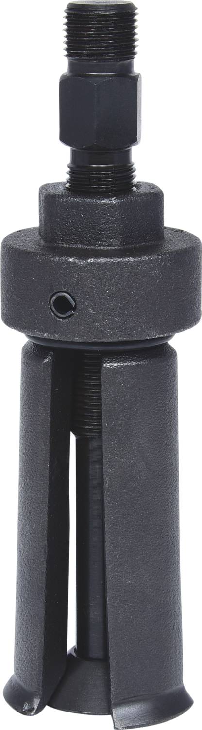 Een zwarte metalen trekker met een handgreep bovenaan en drie klemmen onderaan, gebruikt voor het verwijderen van lagers of vergelijkbare onderdelen.