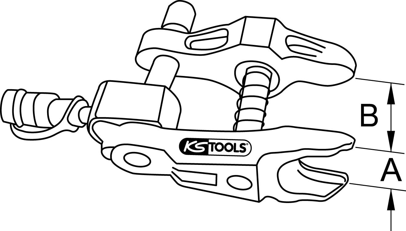 'KS TOOLS' trekkerdiagram toont gereedschapselementen, hefbomen en schroeven. Gebieden A en B zijn gemarkeerd, details niet gespecificeerd.