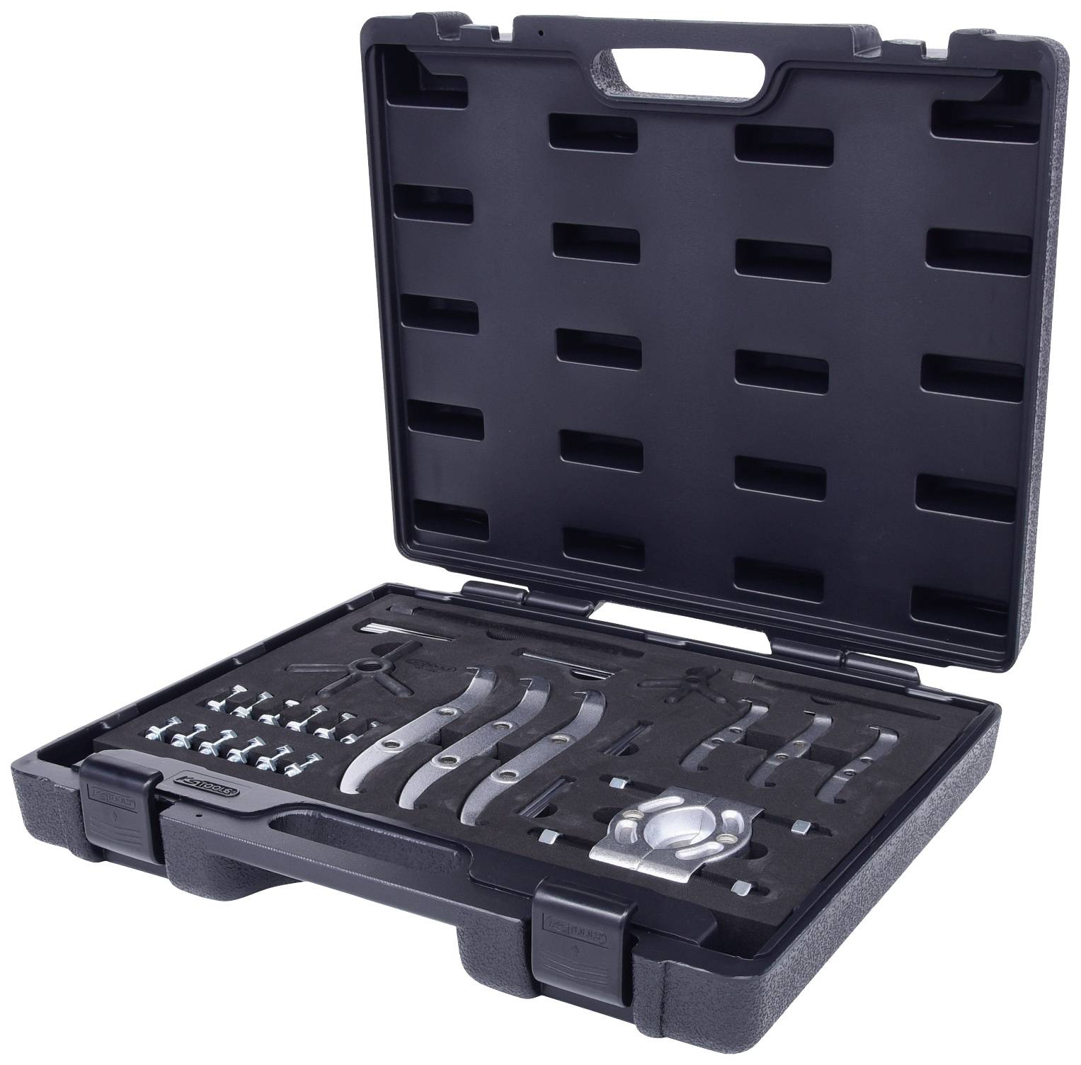 Een zwarte gereedschapskoffer met geopend deksel, met daarin verschillende gereedschapsopzetstukken en schroeven in geordende vakken.