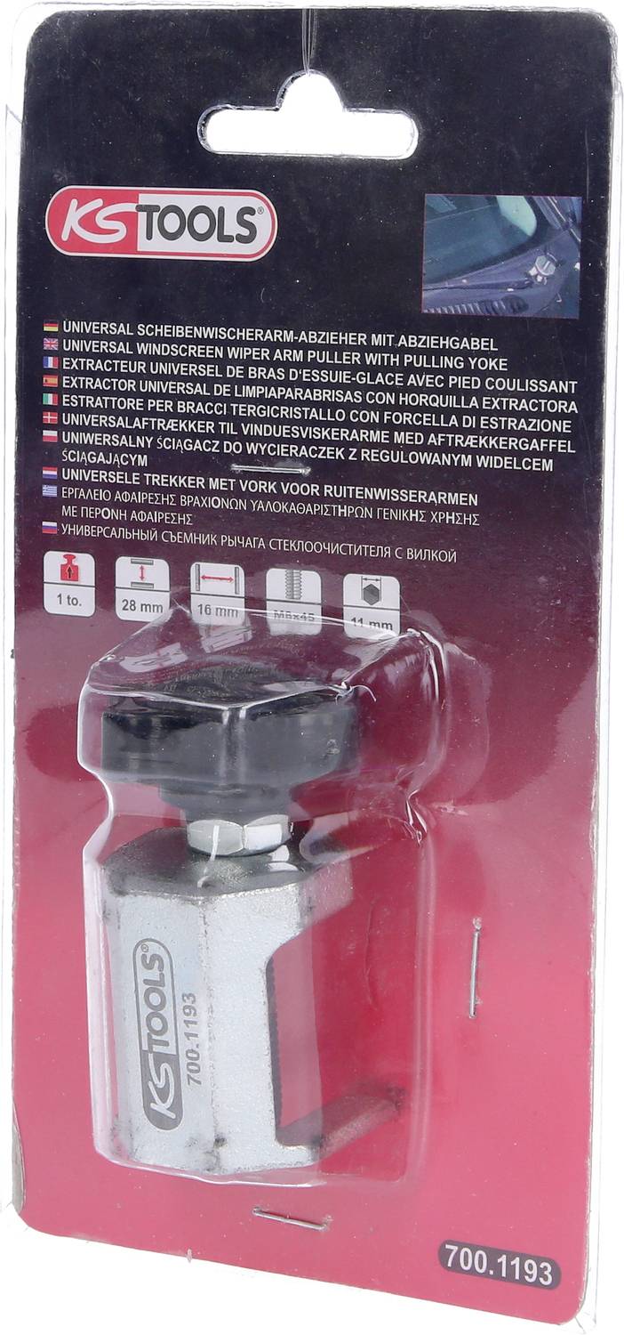 Verpakking van KS Tools universele ruitenwisserarm trekker met afneembare greep, toont het gereedschap in een blister met productdetails.