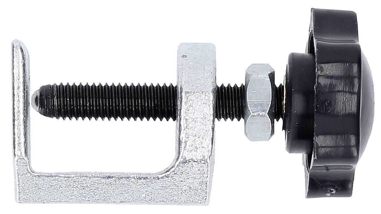 Metalen stelschroef met zwarte kunststof knop en schroefdraad, gezien vanuit de zijkant. Geschikt voor bevestiging of afstelling.