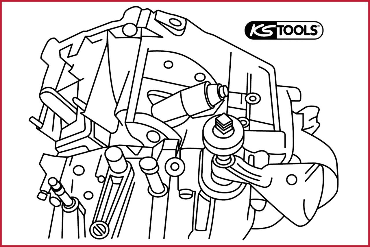 Technische tekening van een motor met verschillende onderdelen. Logo van 'KS Tools' rechtsboven.