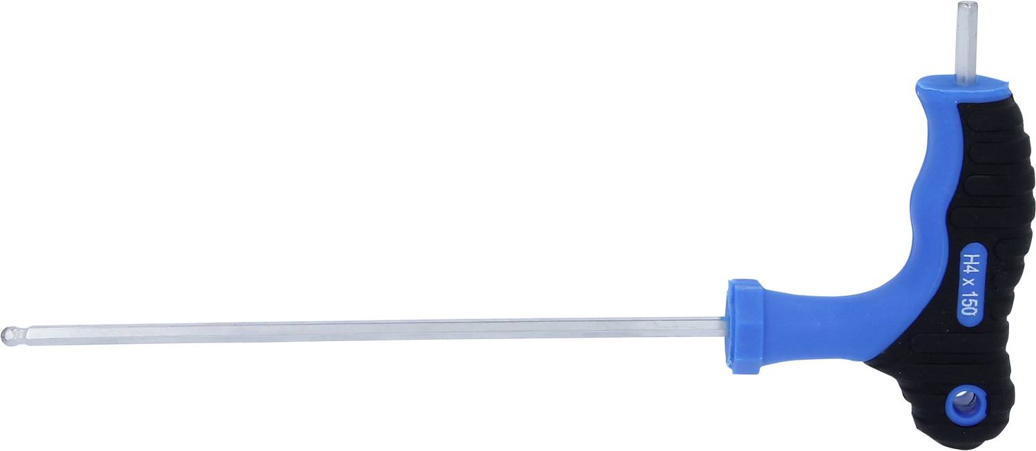 Een blauwe T-greep binnenzeskantsleutel met een lange, zilveren zeskante steel.