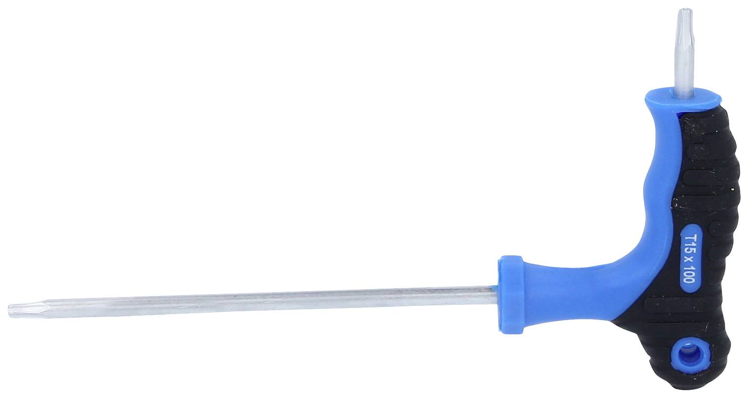 T-vormige schroevendraaier met blauw-zwarte handgreep en lange metalen punt, geschikt voor Torx-schroeven. Markering 'T15 x 100'.