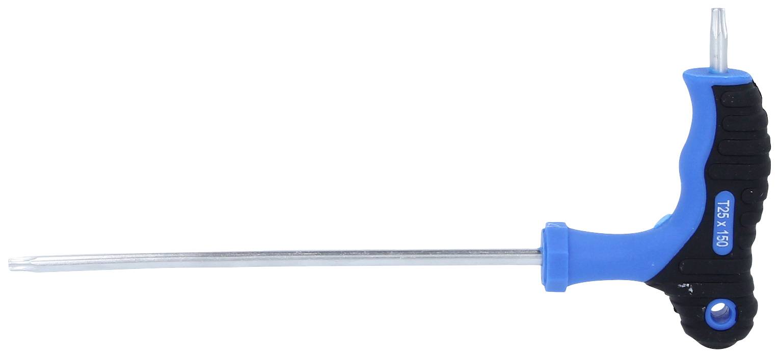 T-vormige schroevendraaier met blauwe handgreep, gekenmerkt als 'T25 x 150', geschikt voor Torx-schroeven.