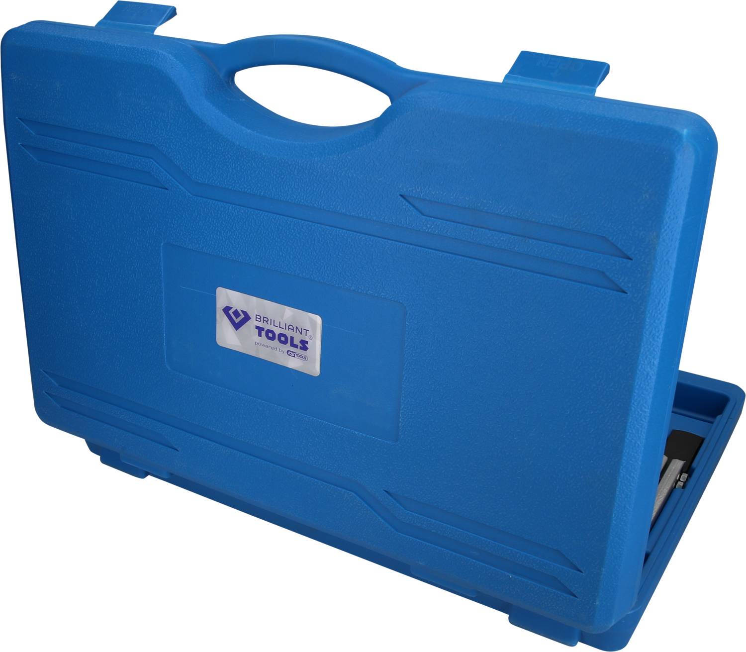 Een blauwe kunststof koffer met handgreep en logo-opdruk 'Brilliant Tools'. De koffer is gedeeltelijk geopend.